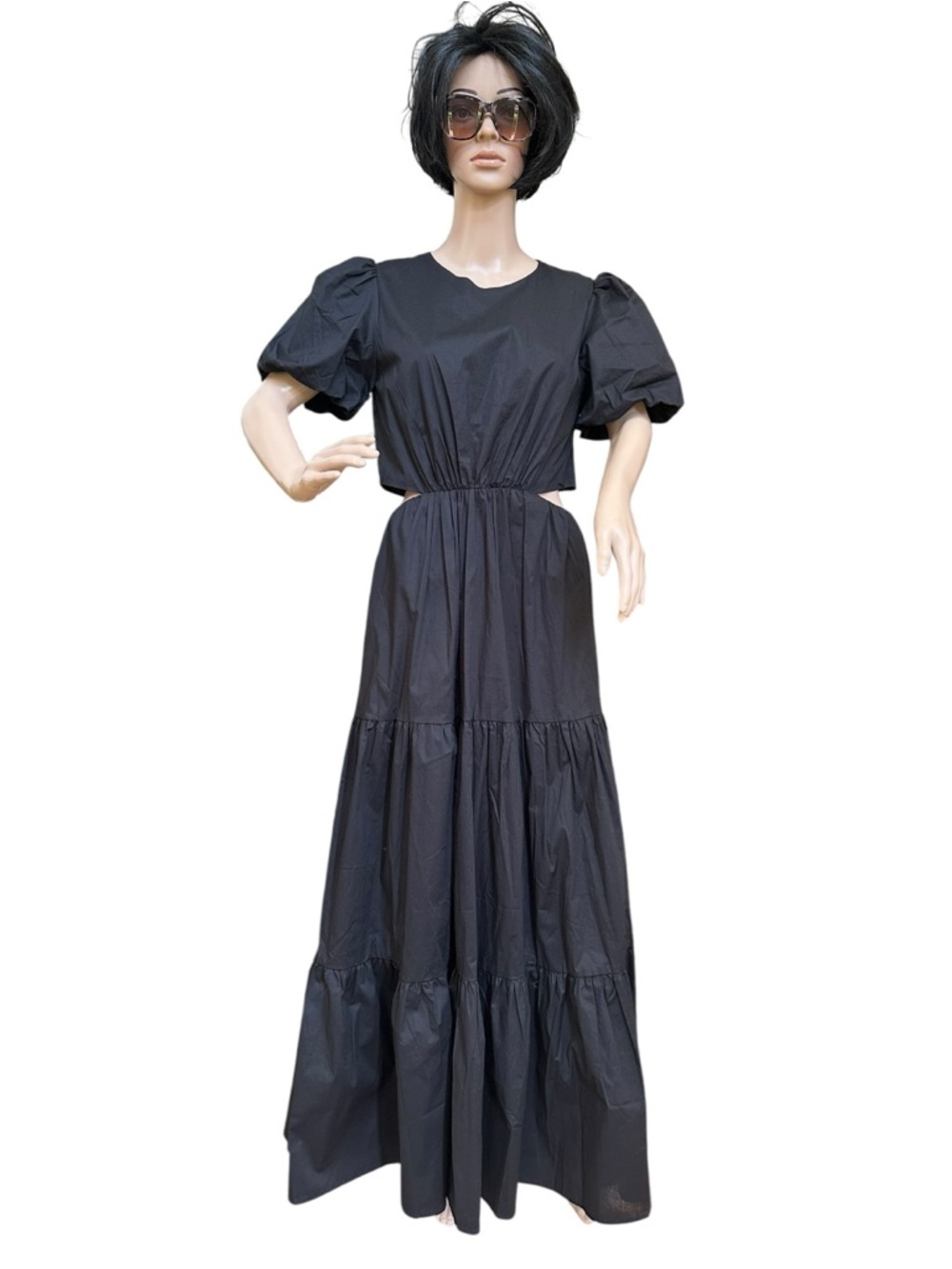 Wayf Black Puff-Sleeve Tiered Cut-out Maxi Dress, NWT, S